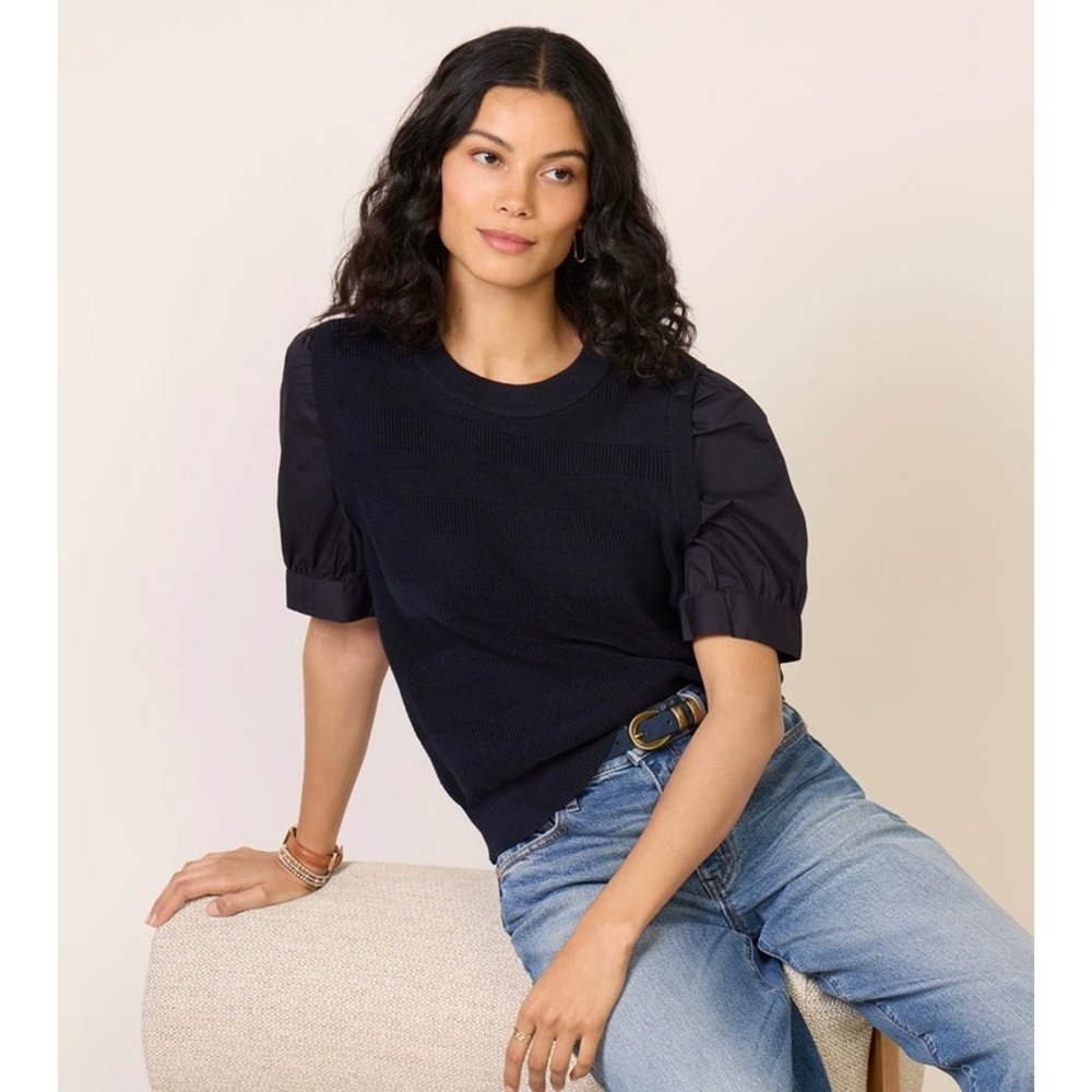 Evereve Top Sweater Violet Puff Short Sleeve TwoFer Preppy Navy Blue Small